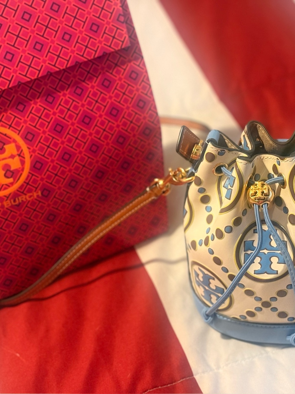 Tory Burch Cream and Light Blue Mini Drawstring Bucket Bag